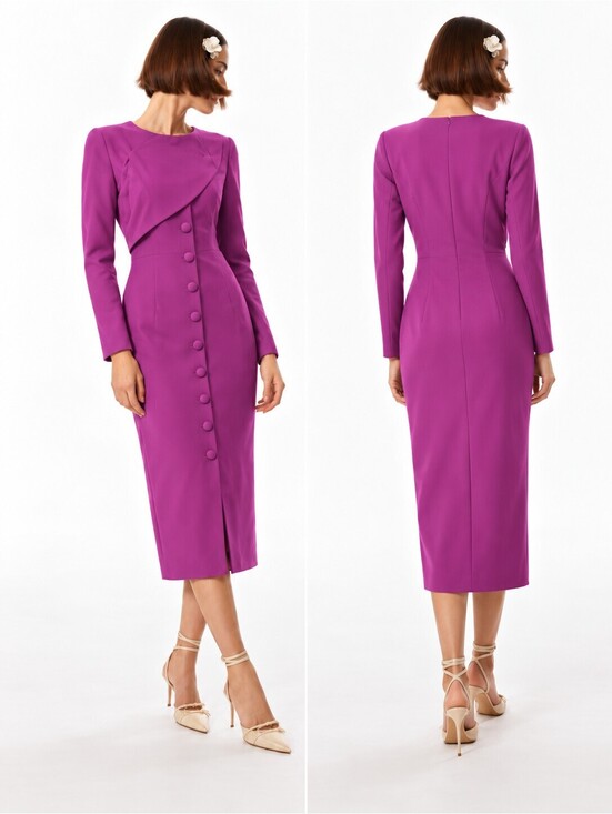 Badgley Mischka Dresses & Skirts - Badgley Mischka Magenta Long Sleeve Button Front Midi Dress Sz 4 Modest NWT